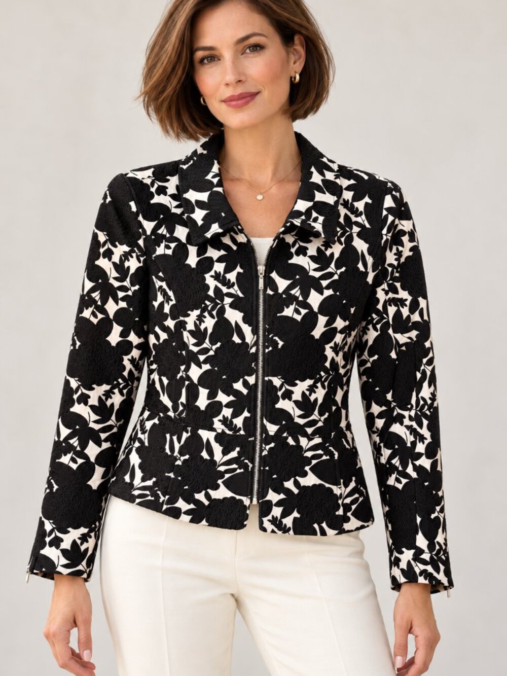 White House Black Market floral print zip up lined jacket. Size 8